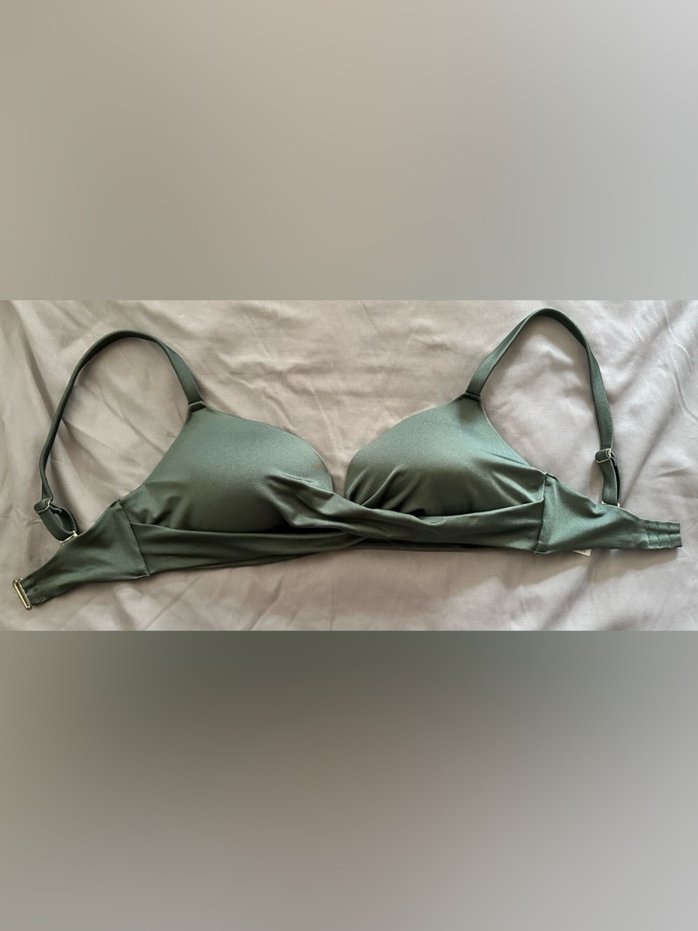 H&M Bikini Top Womens 36D Olive Green Push Up Padded Ruched Front